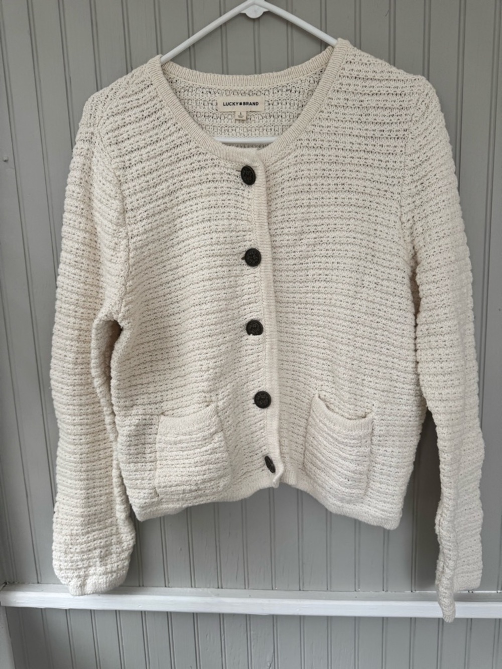 Lucky Brand Cream Crochet-Texture Button Cardigan